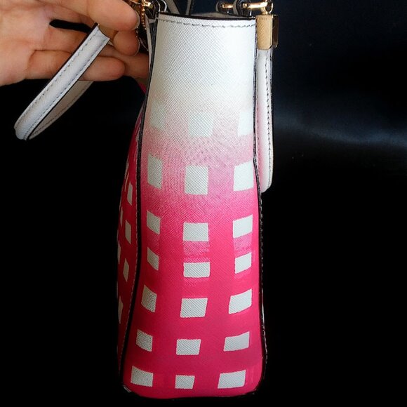 COACH | Madison Pink Check Gingham North-South Crossbody Leather Tote Handbag - Picture 4 of 16